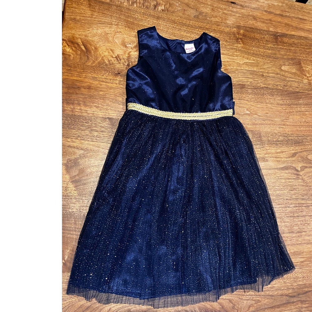 Party Dress 10 Nannette Kids Girls‎ Navy Blue Glitter Tulle Gold Waist